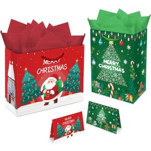 Aviski 2 PACK Christmas Gift Bags, 13 x 10.2 x 4.9 in, with Greeting Cards and Tissue Paper, Winter Holiday Paper Bags for Xmas Party Favor, Gift Wrapping (Red Green)