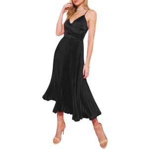ZAFUL Womens Satin Sexy Backless Wrap V Neck Sleeveless Spaghetti Strap Pleated Flowy Party Midi Dress (Large, 0225-black)