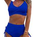 Fanuerg Women's Twist Front High Waisted Bikini Swimsuit Drawstring Tie Side Bottom Two Piece Bathing Suit (Royal Blue) L
