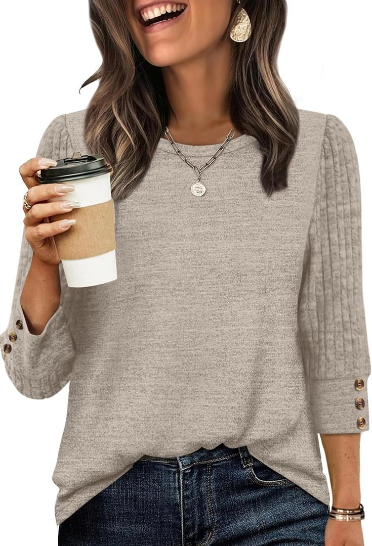 WIHOLL Womens Sweaters 3/4 Length Sleeve Womens Tops Trendy Women Blouses Dressy Business Casual Outfits Spring Summer Tops Oversized Sweaters Work T Shirts for Women Lightweight Soft Fall Khaki, Size S