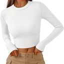 Trendy Queen Womens Long Sleeve Crop Tops Basic Ribbed Slim Fitted Shirts Casual Fall Fashion Y2k Teen Girl Clothes, Size S