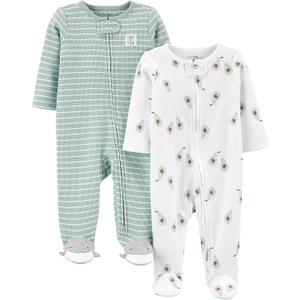 Simple Joys by Carter's unisex-baby 2-way Zip Thermal Footed Sleep and Play, Pack of 2 (6-9 Months, Mint Green Stripe/White Avocados)