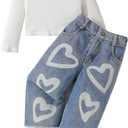 Toddler Girls Clothes Ribbed Baby Kids Girl Denim Outfits Long Sleeve Tops Love Hearts Jeans Pant (6-7 Years, Ivory)