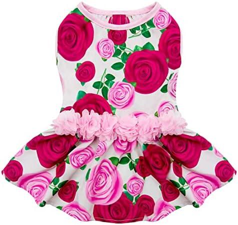 KYEESE Dogs Dress Floral Rose with Flowers Decor Elegant Princess Doggie Dress Small Dogs Spring Summer, L