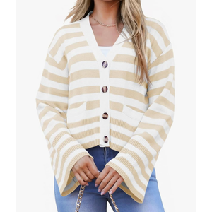Saodimallsu Womens Striped Cardigan Sweaters Cropped Fall Button Open Front Long Sleeve Knit Sweater Coat with Pockets, XXL Saodimallsu Womens Striped Cardigan Sweaters Cropped Fall Button Open Front Long Sleeve Knit Sweater Coat with Pockets, XXL
