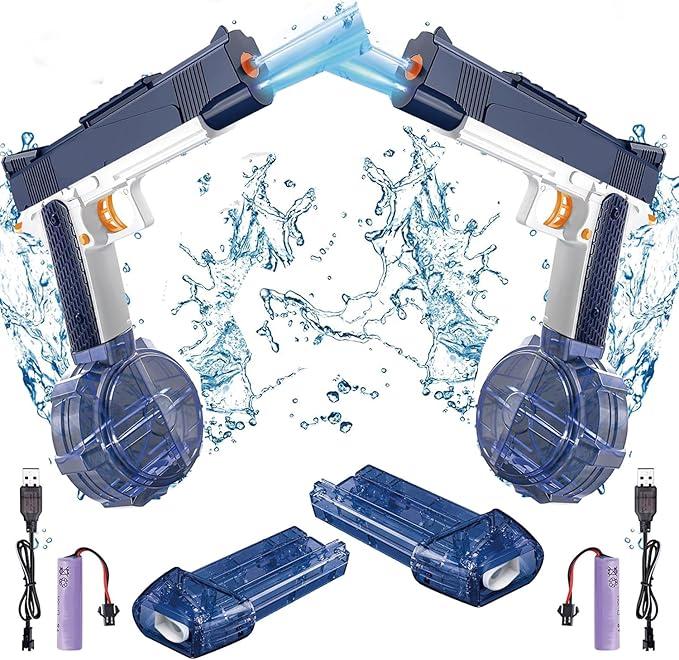 2Pcs Electric Water Gun for Kids Adults Automatic WaterGun with Led Light Rechargeable Electric Squirt Gun Blaster Summer Outdoor Pool Party Toys Gifts for Boys Girls (Pistol Blue 2)