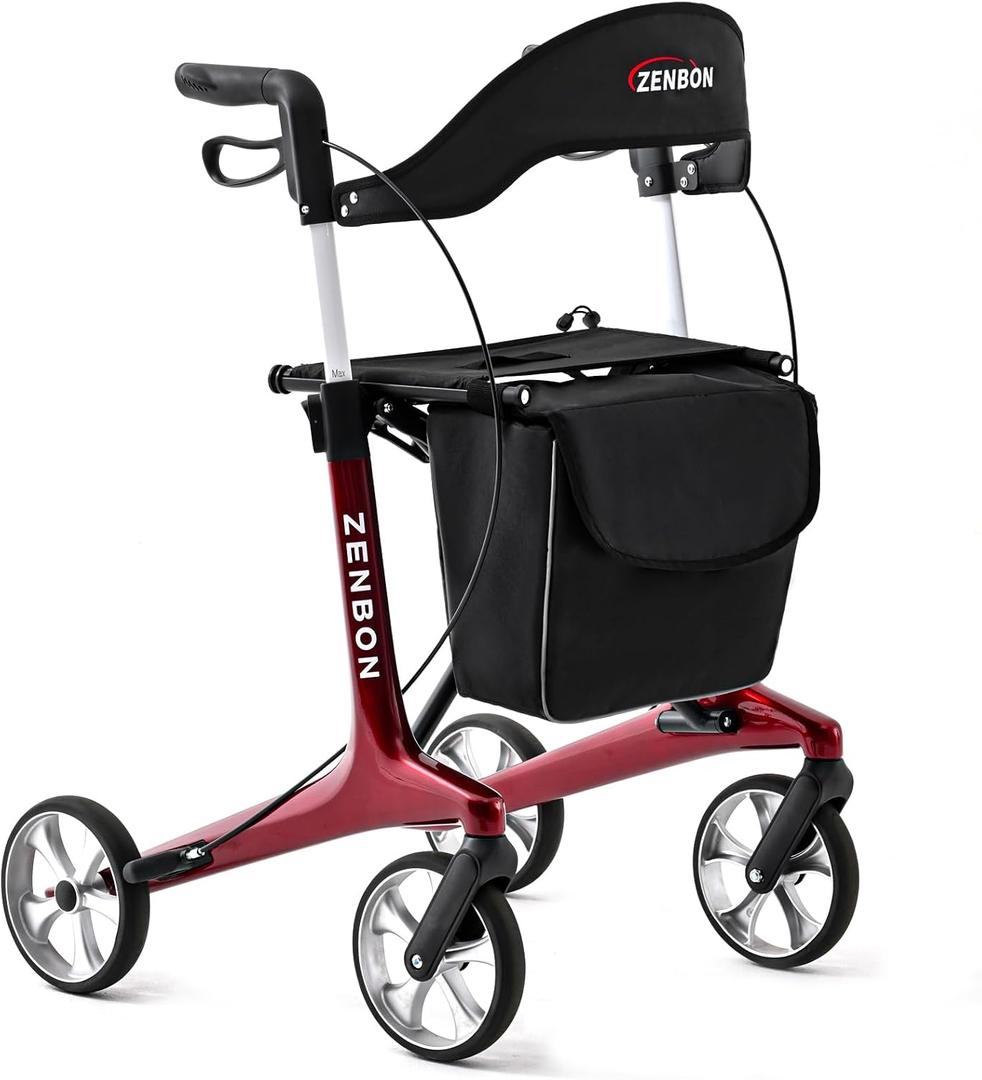 Rollator Walker for Seniors/Adults Foldable Rolling Walker with Seat 440 lbs Capacity 4 Big 7.9 inch Wheels Hand Grips Adjustable Height Lightweight Carbon Fiber Walker Removable Back Support