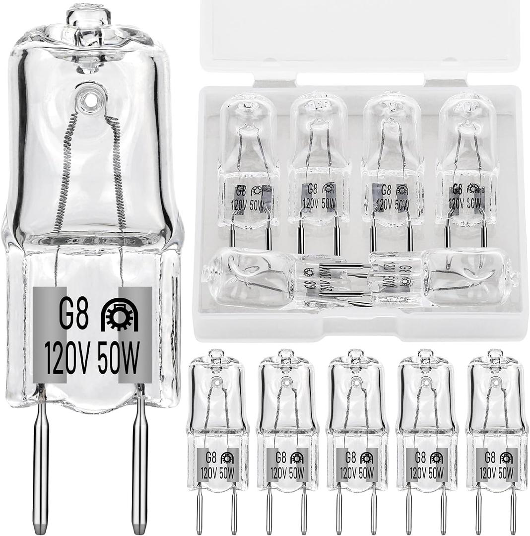 HNYYZL 12 Pack G8 Halogen Light Bulbs - 50W 120V T4 JCD Type G8 Bi-Pin Base, Dimmable Warm White 2700K for Kitchen Hood, Landscape Lights, Desk Lamps, Floor Lamps, and Wall Sconces