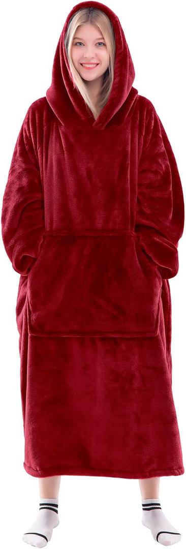 Waitu Wearable Blanket Sweatshirt for Women and Men, Super Warm and Cozy Giant Blanket Hoodie, Thick Flannel Blanket with Sleeves and Giant Pocket  Red XXL