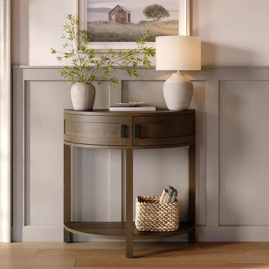 Farmhouse Half Moon Console Tables for Entryway with Storage - Modern Home Decor - Living Room Furniture - Wood Entryway Table with Doors and Black Knobs for Narrow Spaces (Chestnut Brown)
