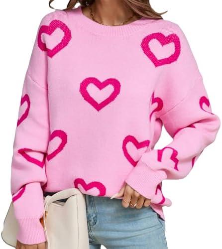 VFURYGD Women Cute Heart Sweater Love Print Valentine Romantic Knitted Top Crewneck Long Sleeve Sweaters Pullover L