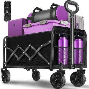 Wagons Carts Foldable,280 LBS Large Capacity Foldable Wagon Cart Collapsible Wagon with Wheels & Drink Holders,Utility Folding Cart for Camping Garden Beach Picinic Grocery Outdoor Shopping(Black)