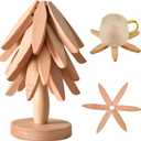 Natural Foldable Black Walnut Wooden Trivet Set - 4 Trivets + 1 Stand for Hot Dishes, Pot, Bowl, Teapot, Hot Pot Holders(Beech)