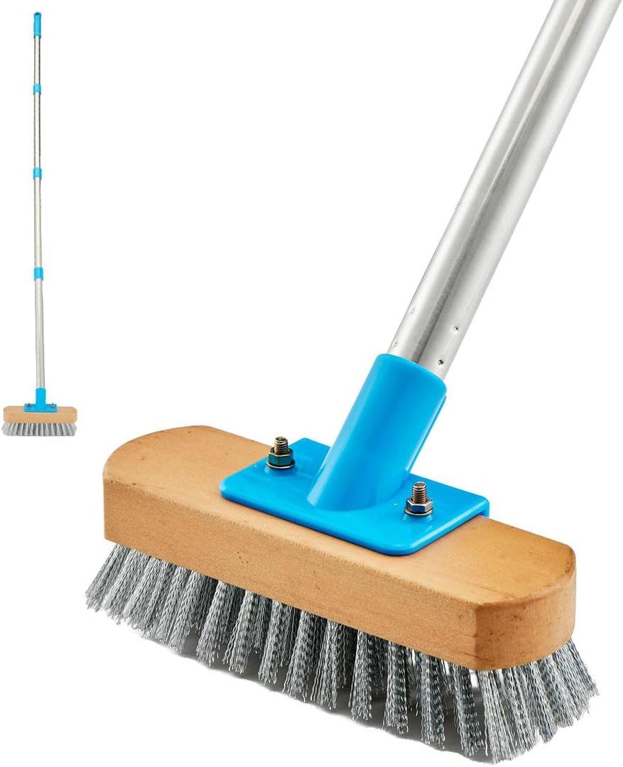 YONILL Stainless Steel Deck Scrub Brush with Long Handle - 60" Heavy Duty Floor Scrubber Brush with Pole, Moss Remover Wire Cleaning Brushes for Rough Surface, Concrete Floor, Patio, Garden, Garage (Blue)