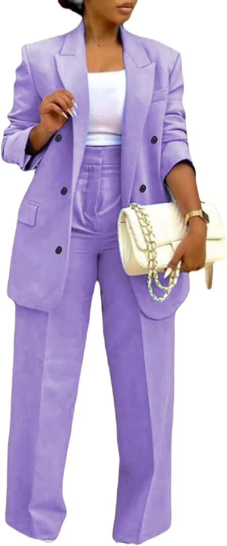 Vakkest Pant Suits for Women Dressy 2 Piece Outfit Business Casual Blazer Jackets and Wide Leg Work Office Slacks Set (XX-Large, Purple)