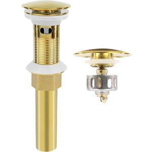 Bathroom Sink Drain, Gold Drain Stopper Bathroom Sink with Overflow, Pop Up Drain Assembly with Detachable Strainer Basket, Built-in Anti-Clogging Strainer, Stainless Steel Gold (Gold-big Cap)