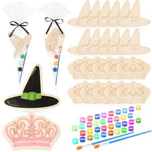 24 Set Paint Your Own Witch Princess Party Favors Pink and Green Party Supplies Witch Hats Princess Crowns DIY Wood Painting Craft Kit Color Your Own Arts Crafts Kit for Birthday Gift