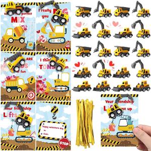 Libima 30 Set Valentine's Day Construction Vehicle Truck with Greeting Cards, 3D Construction Vehicle Toys and Happy Valentines Cards Classroom Exchange Gifts Prizes Party Favor for Kids