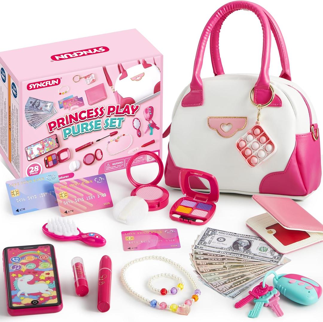 SYNCFUN Play Purse Set for Little Girls, 27 PCS Princess Toy Set with Handbags, Makeup, Phone, Wallet, Jewelry, Lipstick & Keys, for Girls 3 4 5 6 Years Old Toddlers Kids