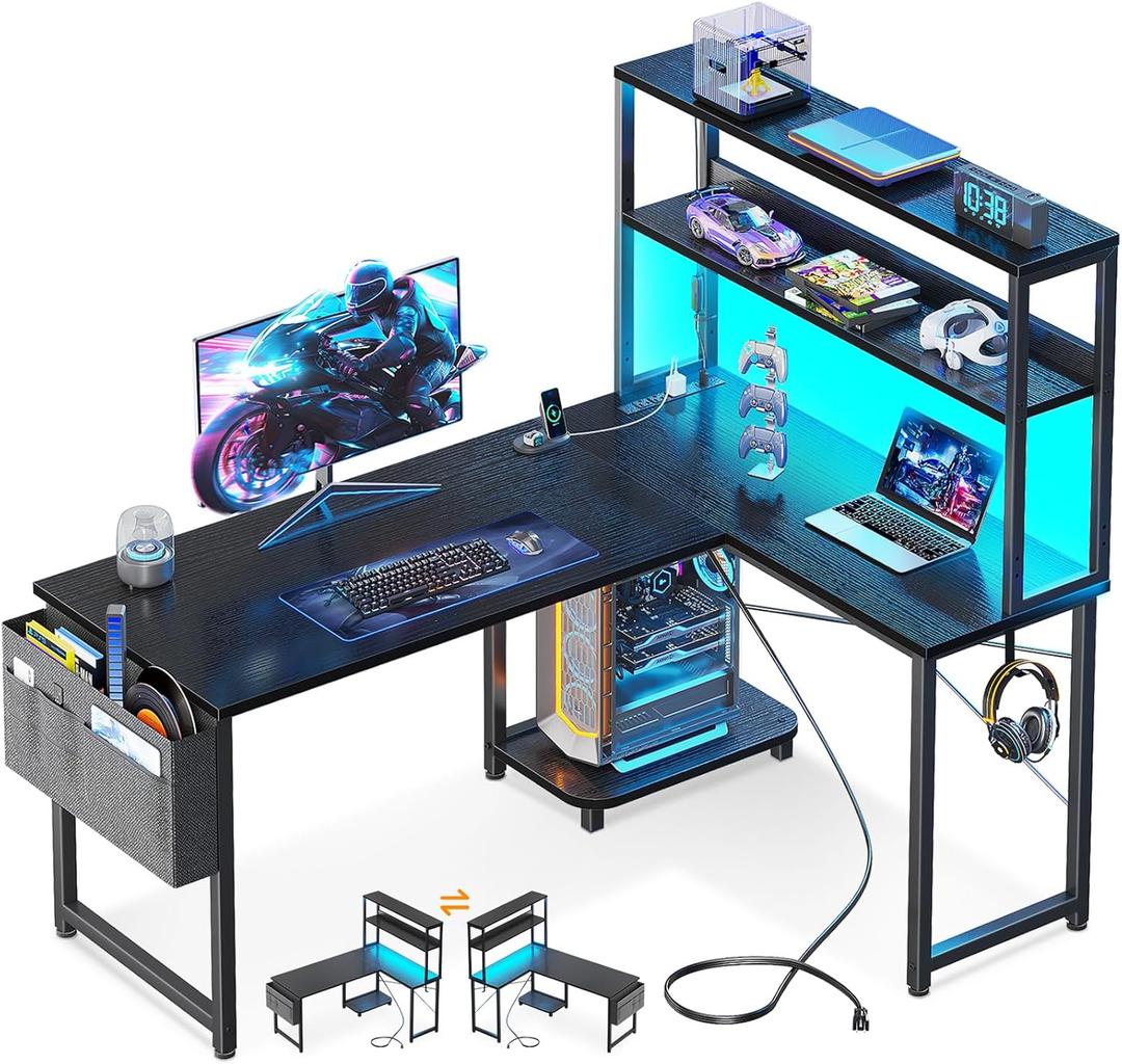 Casaottima Gaming Desk with Power Outlets & LED Lights, 43 Inch Reversible L Shaped Computer Desk with Shelves & Storage Bag, Corner Desk for Home Office, Black Casaottima Gaming Desk with Power Outlets & LED Lights, 43 Inch Reversible L Shaped Computer Desk with Shelves & Storage Bag, Corner Desk for Home Office, Black