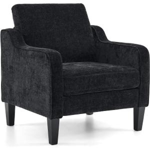 VINGLI Mid Century Modern Accent Chairs, Black Soft Chenille Reading Chair Upholstered Armchair Side Chairs Sofa Couches for Living Room, Bedroom, Apartment