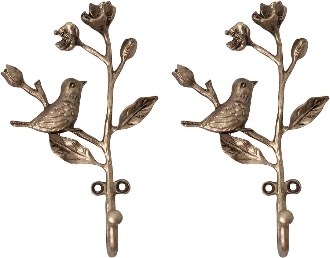 2 Pieces of Antique Brass Wall Hooks. Heavy - Duty Metal Ornament Hooks for Hanging Coats, Backpacks, Towels and Keys. 3D Bird - on - Branch Style for Home Decor