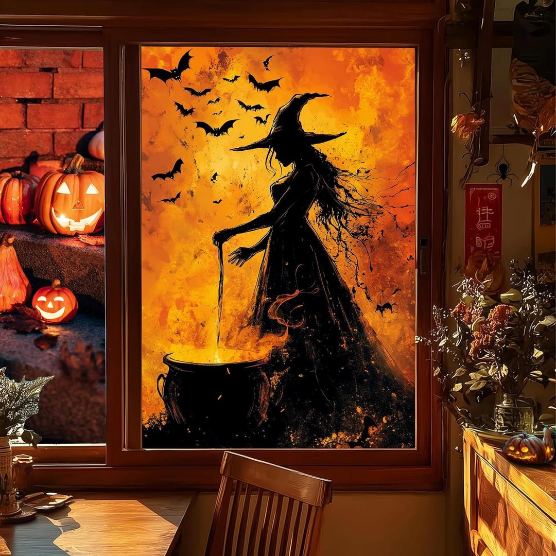 HOMETITUTE Halloween Window Film 31x47 Inch Witch Silhouette Windows Film Orange Black Cauldron Scene Window Cling for Halloween Windows Decoration Haunted House Party Glass Panel Holiday Decor
