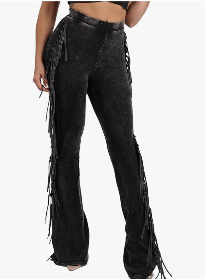 Flared Leggings Women High Waisted Tassels Side Washed Distressed Stretch Slim Fringe Bootcut Pants, XL