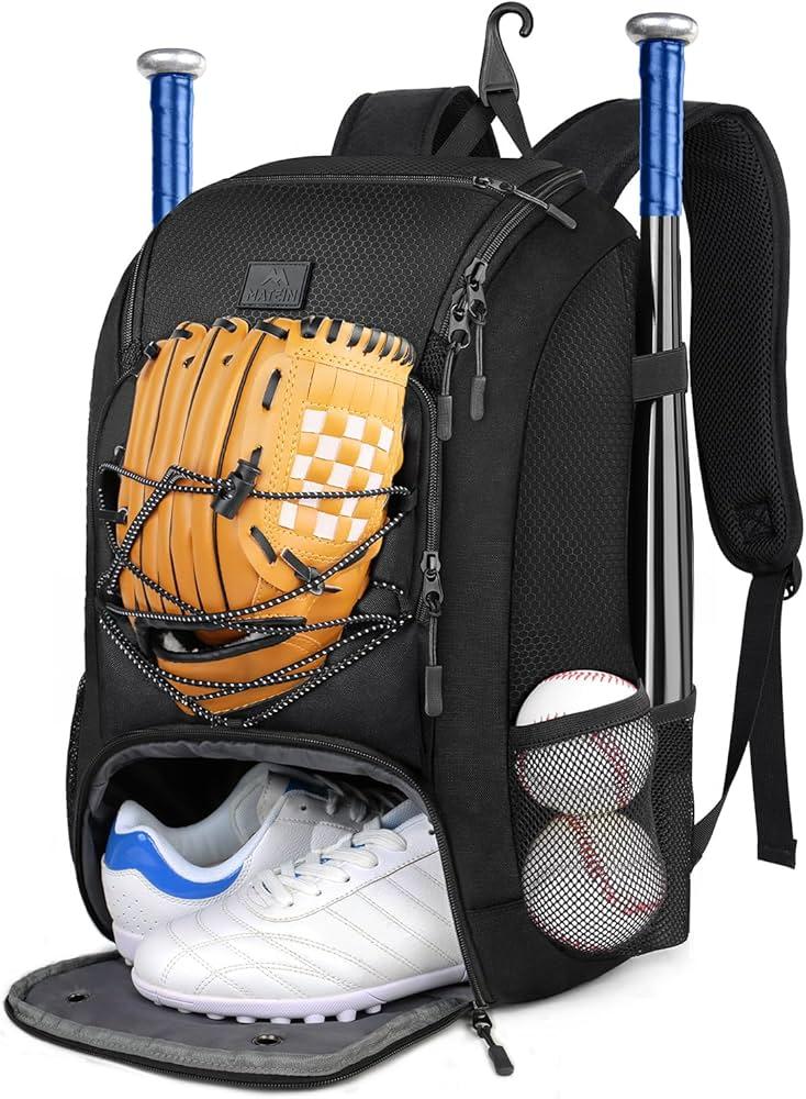 MATEIN Baseball Backpack, Softball Bat Bag with Shoes Compartment for Youth, Boys and Adult, Lightweight Baseball Bag with Fence Hook Hold TBall Bat, Batting Mitten, Helmet, Caps, Teeball Gear