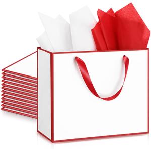 ReliThick 12 Pack 12 Pack Metallic Paper Gift Bag with Handles and Tissue Paper 11.8 x 10 x 4'' Thank You Favor Bag for Wedding Bridesmaid Groomsmen 5 Senses Birthday Gifts (White,Red)