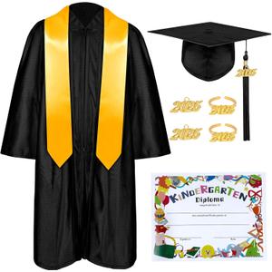 Kindergarten Graduation Cap and Gown Set with Tassel 2025 Charms Graduations Stoles for Kid Preschool (33, Black)