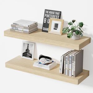Floating Shelves for Wall, 24" Wall Mounted Shelves, Rustic Farmhouse Decor & Storage for Bathroom, Kitchen, Living Room, Dining Room, with Invisible Brackets, Set of 2, Oak, 23.6"