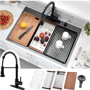 30x19 Black Drop In Kitchen Sink with Faucet Combo - 30 Inch Single Bowl Drop In Sinks 10 Inch Deep, Black Stainless Steel Topmount Workstation Kitchen Sink with Accessories, 30x19x10 Inch