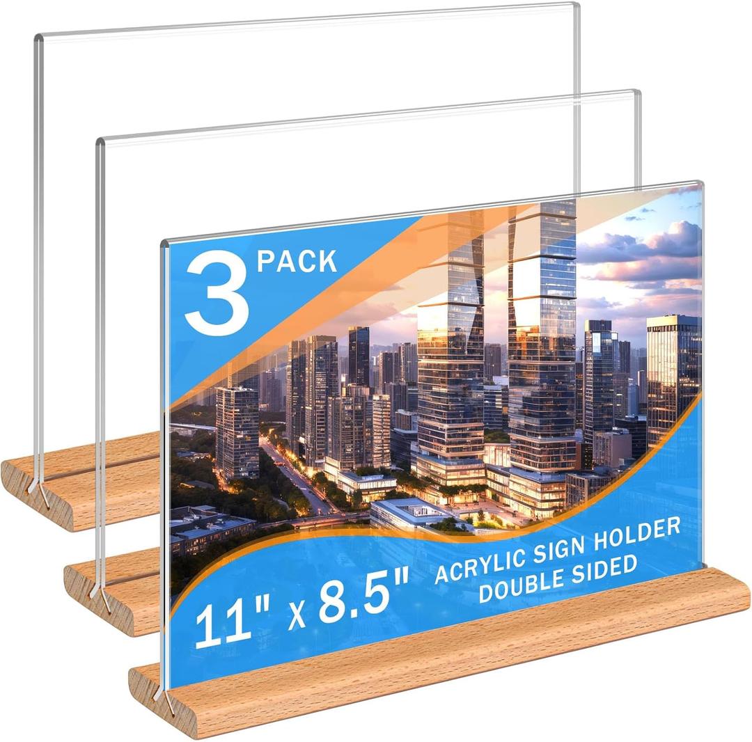 Kersally Acrylic Sign Holder 11 x 8.5'', 3 Pack Double-Sided Clear Table Display Stands with Wood Base, Horizontal Acrylic Frame Menu Flyer Paper Holder for Store, Restaurant, Hotel, Office, Show Fair