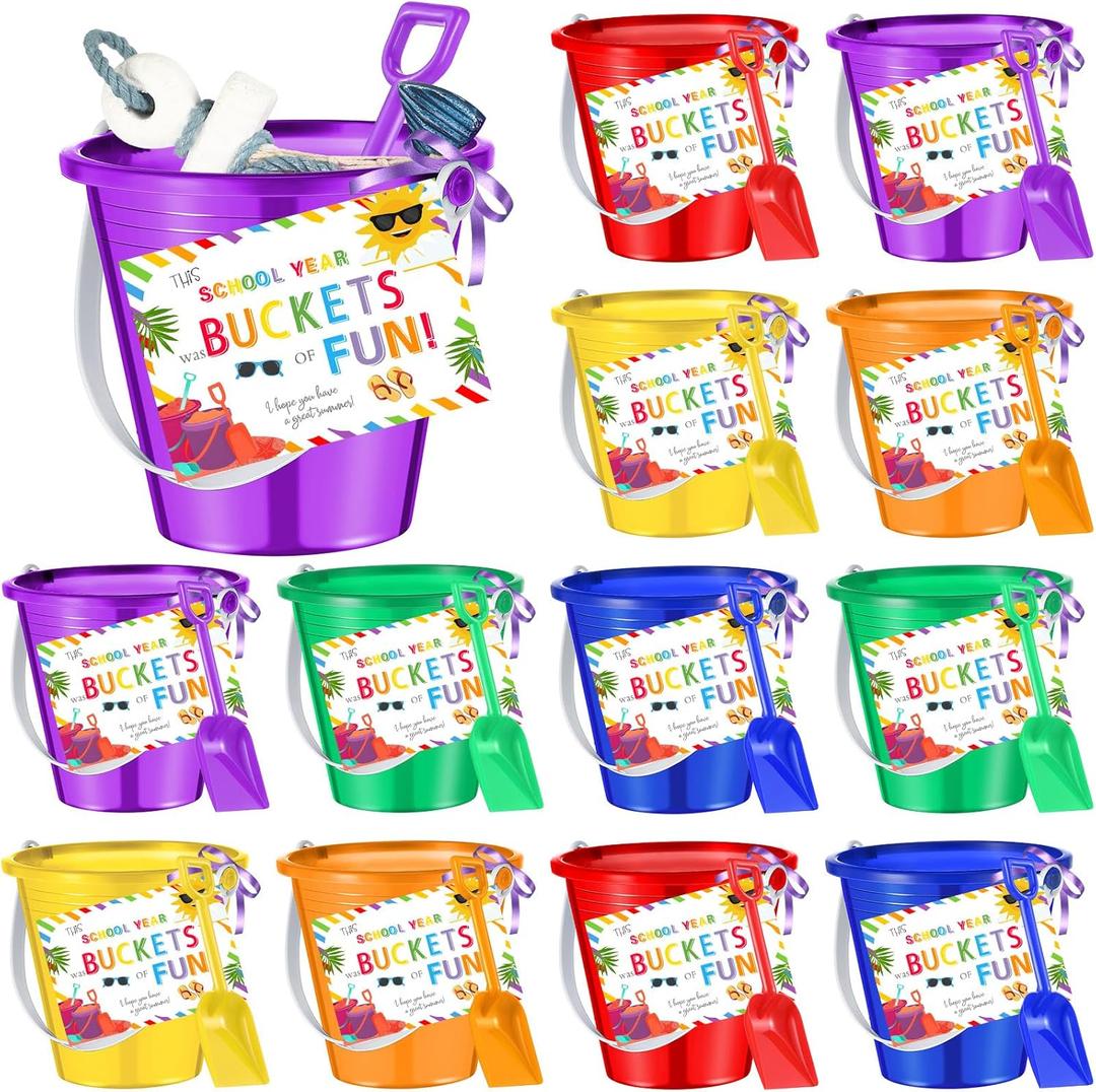 Gemscream 12 Sets End of Year Student Gifts 5'' Sand Bucket with Beach Pails Postcards Ribbons for Summer Vacation Plastic Buckets Fun Water Bucket Summer Party Accessory for Pool Outdoor, 6 Colors