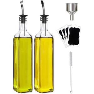 Olive Oil Dispenser Bottle, 2 Pcs Glass Olive Oil Dispenser and Vinegar Dispenser Set with 2 Stainless Steel Pourers, 4 Labels,1 Brush and 1 Funnel Oil Bottles for Kitchen (500ml)