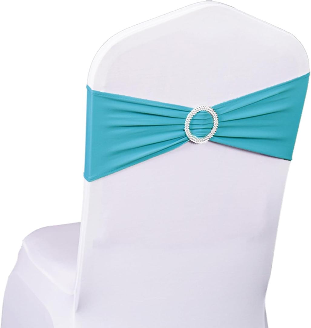 Pack of 50 Spandex Turquoise Chair Sashes for Wedding Teal Chair Bows Sashes Chairs Bands Buckles Fitting Birthday Party Anniversary Events Ceremony Bridal Baby Shower Decorations