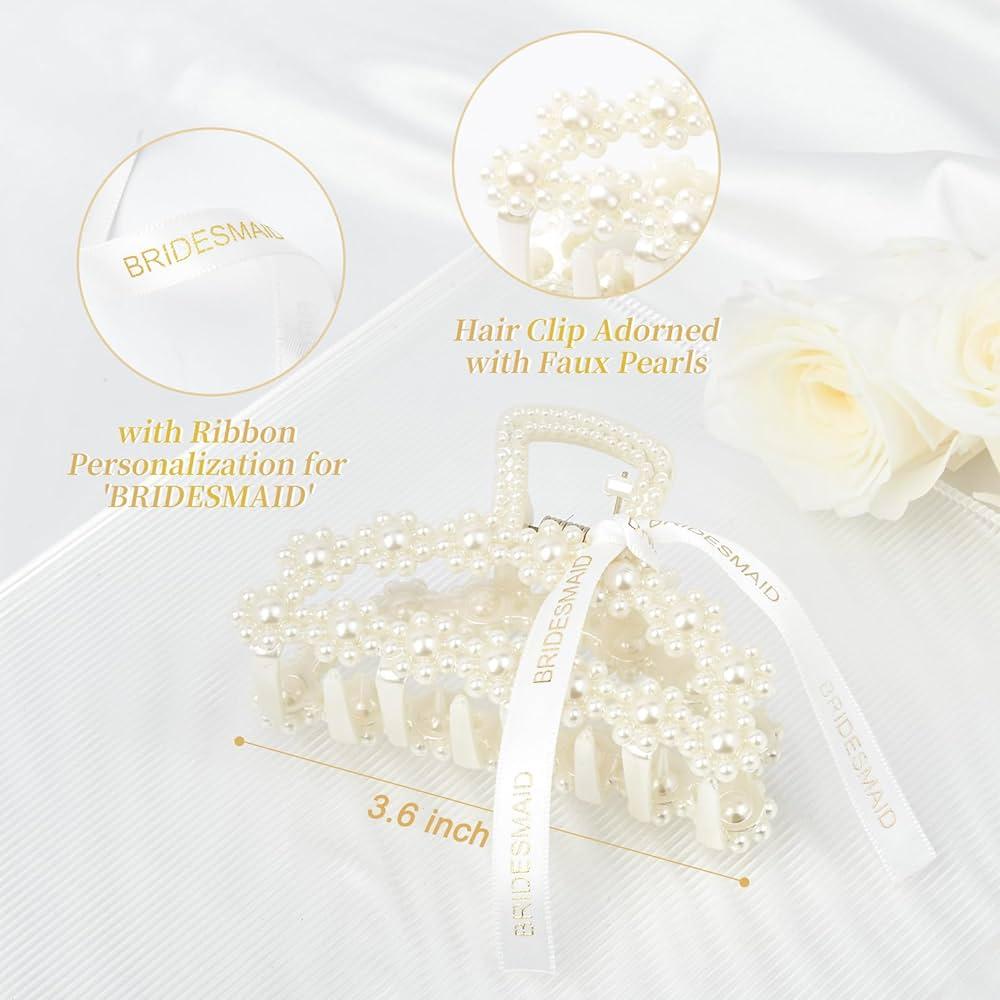 Highergo Bridesmaid Proposal Gifts 8 Pack Pearl Bridesmaid Hair Claw Clips with 3 Rolls Ribbon 8 Pack Pearl Hair Clips to Have & to Hold Your Hair Back Wedding Bridesmaids Hair Accessories Gifts