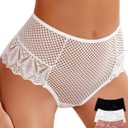 LIKEME High Waisted Bikini Underwear for Women Tummy Control Sexy Lace Lightweight Ladies Panties Briefs 3pack (Large)