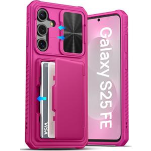 ATATOO for Samsung Galaxy S25 FE Wallet Case with Card Holder (3-5 Cards) [RFID Blocking] & Sliding Camera Cover, Military Grade Protection, Women Men Cover Case for Galaxy S25 FE 6.7" 2025, Hot Pink