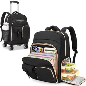 LUXJA Rolling Teacher Bag with Insulated Lunch Compartment, Black, 13" x 6.5" x 17"