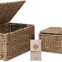 Small Nesting Wicker Cube Storage Boxes with Lids and Metal Steel Frame, Set of 2 Straw Wire Woven Square Storage Basket Organiser for Home, Kids, Toys, Small Items