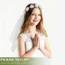 Funtery Girl First Communion Veil Flower Crown Veil with Bow Cross White Lace Floral Headband Rhinestone for Catholic Baptism(Cute Bow Ribbon)