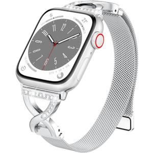 BRG Thin Mesh Loop Compatible with Apple Watch Bands for Women, Metal Magnetic Stainless Steel Strap with X-Shape Diamond Clasp for iWatch Bands (41mm/40mm/38mm/42mm(Series 10), Silver)