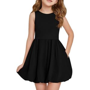 Haloumoning Girls Summer Sleeveless Bubble Dress Kids Cute Crew Neck Tank Mini Dresses with Pockets 7-8 Years