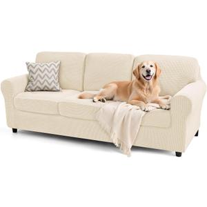 subrtex Slipcover Sets for Sofa, 7 Pieces Stretch Furniture Cover, Wear Resistant, Washable, Checkered Pattern, Ivory (Large)