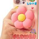 Cute 3D Flower Phone Case for iPhone 13 Pro Max - Retractable Stand & Grip with Floral Design - Girly Aesthetic Kawaii Soft Silicone Phone Cover for Women, Girls, Kids and Teens, Pink