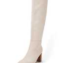 Coutgo Womens Knee High Boots Chunky Block Heels Square Toe Side Zipper Faux Suede Fall Winter Comfort Boot White 8