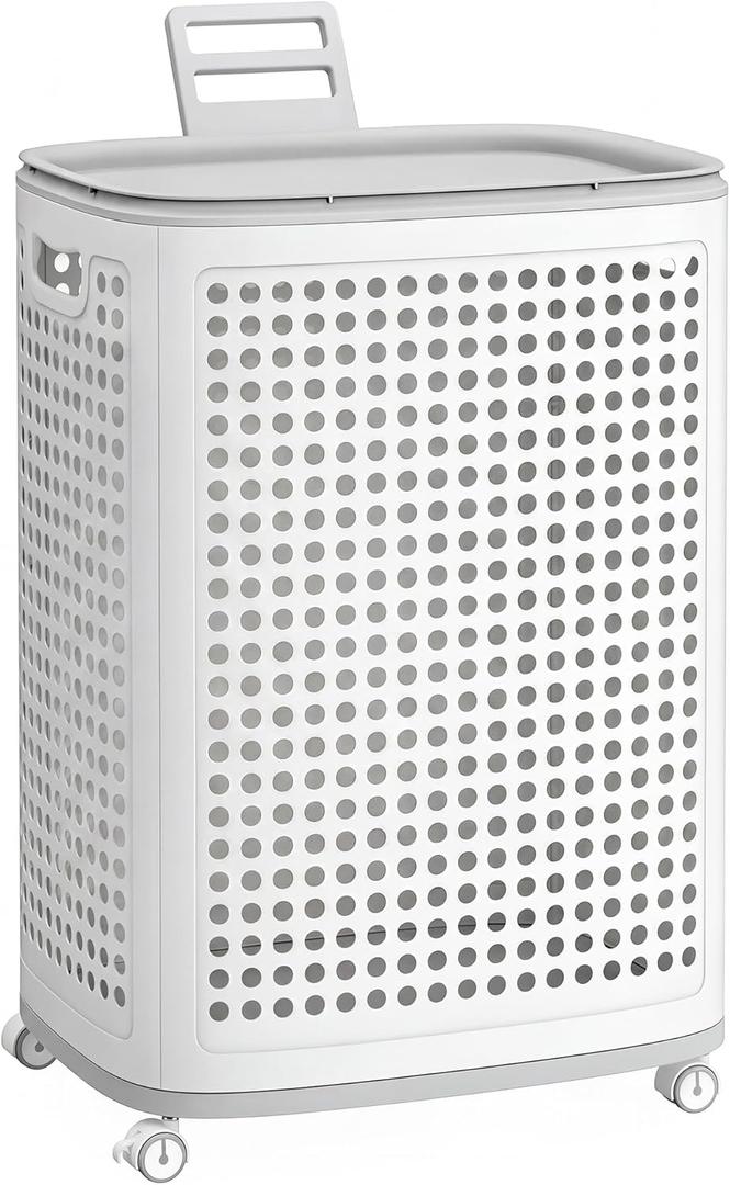 SONGMICS Laundry Hamper with Wheels, Plastic Laundry Basket, 19.8 Gallons (75 L), Slim Storage Basket, for Bathroom, Bedroom, White and Gray URLH020WG01