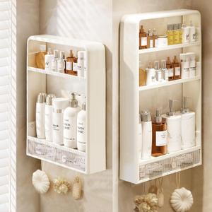 Hoiwio Bathroom Shelves Organizers and Storage  Wall Mounted No Drilling Adhesive Shelf Rack with Drawers and Hooks for Vanity | Toilet, Plastic Shower Caddy Counter Organization (3 Tier with Draw)